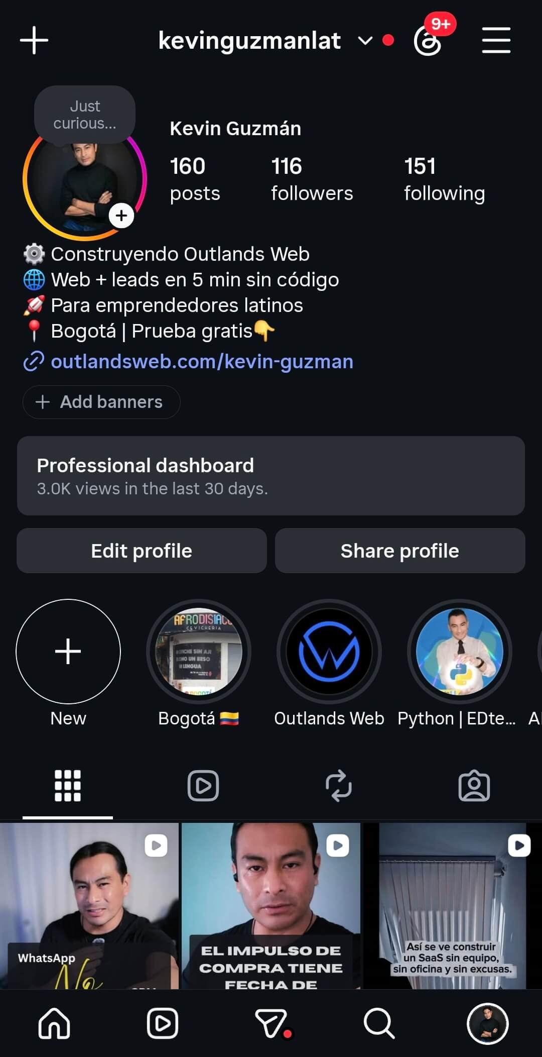 Perfil de Instagram con el link en bio hacia Outlands Web